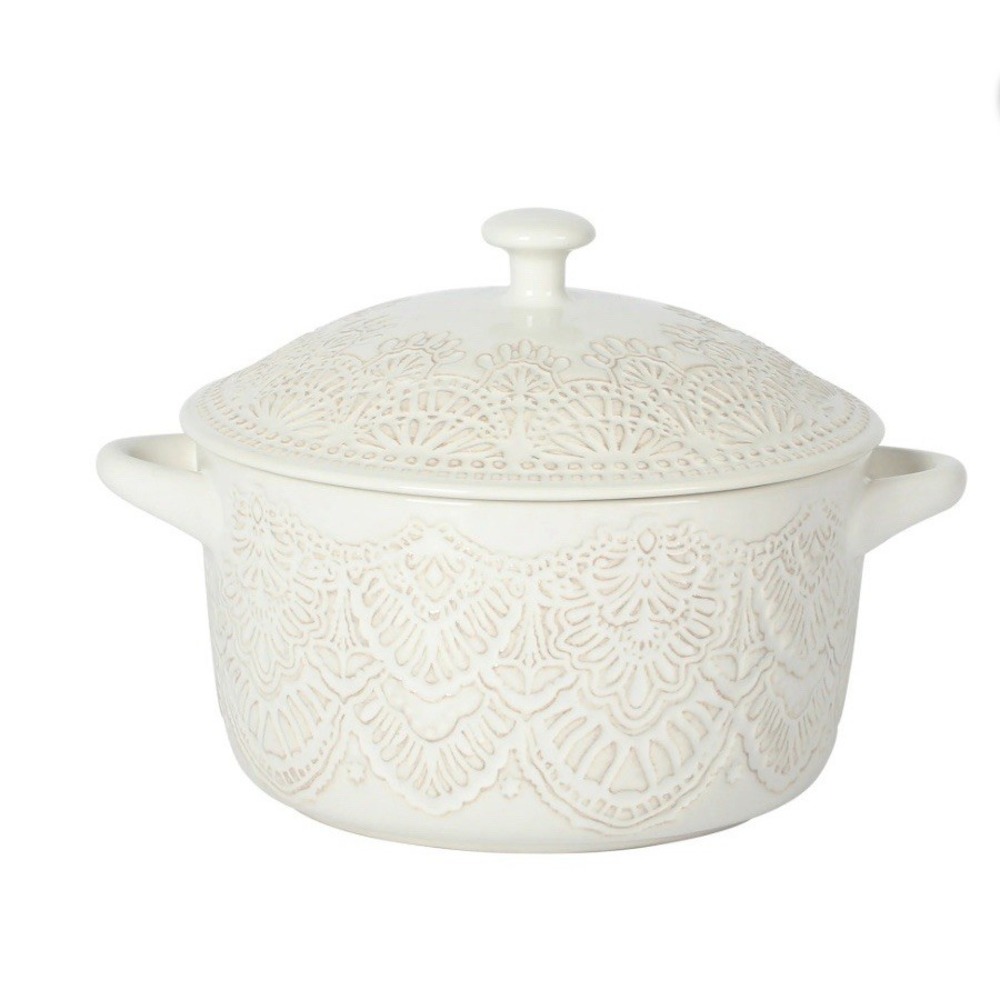 Pioneer Woman White Lace Embossed‎ Stoneware Casserole Dish Lid 1QT Cottagecore